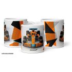 Narancssárga kék mclaren f1 versenyautó szemből és mclaren logó egyedi neves mintás fehér bögre