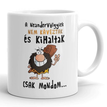 Neandervölgyiek nem kávéztak és kihaltak feliratos ősemberes egyedi neves vicces 360 fokos mintás bögre