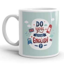 Do you speak English feliratú mentazöld kerámia ballagási bögre londoni telefonfülke és brit zászló grafikájával