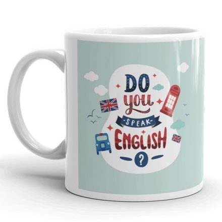 Do you speak English feliratú mentazöld kerámia ballagási bögre londoni telefonfülke és brit zászló grafikájával