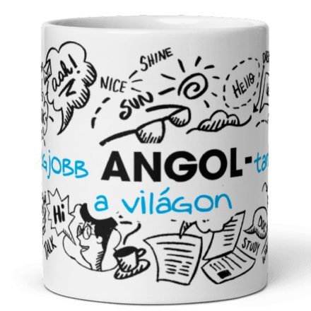 Legjobb angol-tanár a világon feliratú kerámia bögre angol szavakkal és napszemüveg grafikájával