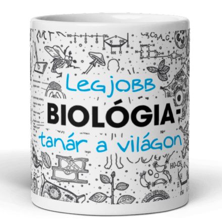 Legjobb biológia-tanár a világon feliratú kerámia bögre DNS molekulák és növényi hajtások grafikájával
