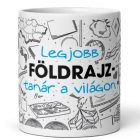 Legjobb földrajz-tanár a világon feliratú kerámia bögre földgömb és kitörő vulkán grafikájával