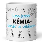 Legjobb kémia-tanár a világon feliratú kerámia bögre kémcsövek és atommodell grafikájával