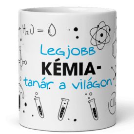 Legjobb kémia-tanár a világon feliratú kerámia bögre kémcsövek és atommodell grafikájával