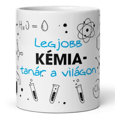 Legjobb kémia-tanár a világon feliratú kerámia bögre kémcsövek és atommodell grafikájával