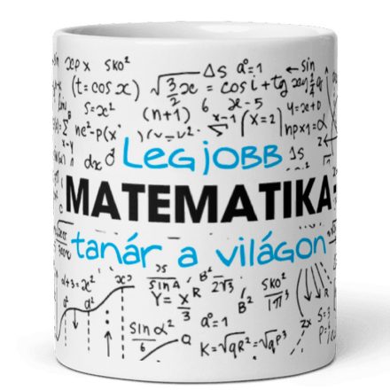 Legjobb matematika-tanár a világon feliratú kerámia bögre matematikai képletek és trigonometrikus egyenletek grafikájával
