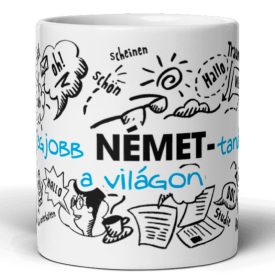 Legjobb német-tanár a világon feliratú kerámia bögre német szavakkal és szövegbuborékok grafikájával