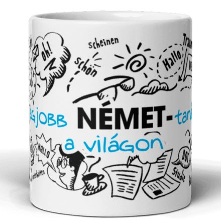 Legjobb német-tanár a világon feliratú kerámia bögre német szavakkal és szövegbuborékok grafikájával