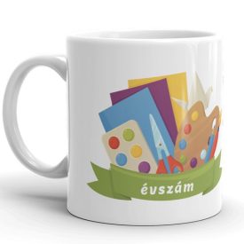 Egyedi évszámos feliratú színes kerámia ballagási bögre festékpaletta és olló grafikájával