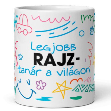 Legjobb rajz-tanár a világon feliratú kerámia bögre színes kézzel rajzolt csillag és virág firkák grafikájával