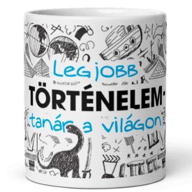 Legjobb történelem-tanár a világon feliratú kerámia bögre egyiptomi piramisok és dinoszaurusz grafikájával