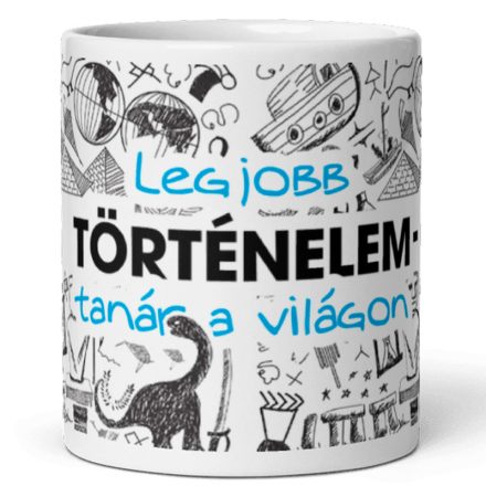 Legjobb történelem-tanár a világon feliratú kerámia bögre egyiptomi piramisok és dinoszaurusz grafikájával