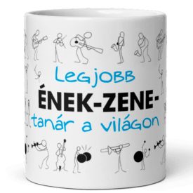 Legjobb ének-zene-tanár a világon feliratú kerámia bögre pálcikaember zenészek és hangszerek grafikájával