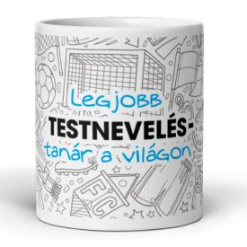 Legjobb testnevelés-tanár a világon feliratú kerámia bögre focikapu és sporteszközök grafikájával