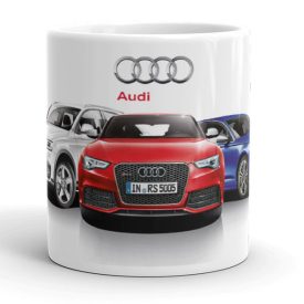 Audi logó piros felirattal és sportautókkal köztük vörös rs5-tel egyedi neves mintás fehér bögre