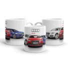 Audi logó piros felirattal és sportautókkal köztük vörös rs5-tel egyedi neves mintás fehér bögre