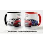 Audi logó piros felirattal és sportautókkal köztük vörös rs5-tel egyedi neves mintás fehér bögre