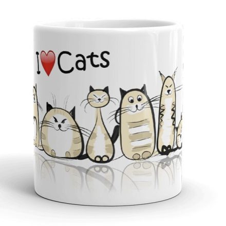 Játékos macskacsordás skicc mintás egyedi neves „I Love Cats” bögre