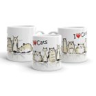 Játékos macskacsordás skicc mintás egyedi neves „I Love Cats” bögre