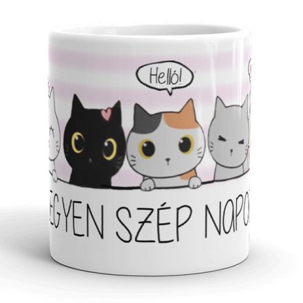 Vidám cicasoros egyedi neves „Legyen szép napod!” feliratos gyerek és női bögre