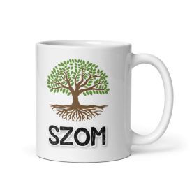 Fa szom feliratú és szójátékos fehér kerámia bögre zöld lombú életfa grafikával és fekete betűkkel.