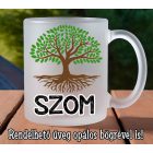 Fa szom feliratú és szójátékos fehér kerámia bögre zöld lombú életfa grafikával és fekete betűkkel.