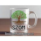 Fa szom feliratú és szójátékos fehér kerámia bögre zöld lombú életfa grafikával és fekete betűkkel.