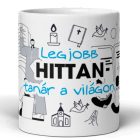 Saját névvel és felirattal kérhető keresztény vallásos szimbólumokkal és Bibliával díszített fehér kerámia tanár bögre Legjobb hittantanár a világon felirattal