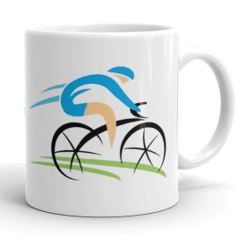 Egyedi névvel kérhető minimalista kék ruhás kerékpáros és fekete bicikli mintás fehér kerámia sport bögre
