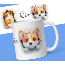 Egyedi névvel kérhető falból kibújó és átmászó cuki welsh corgi kiskutya mintás fehér kerámia gyerek bögre Név felirattal