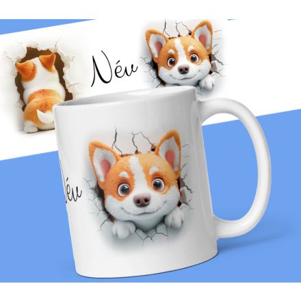  Egyedi névvel kérhető falból kibújó és átmászó cuki welsh corgi kiskutya mintás fehér kerámia gyerek bögre Név felirattal