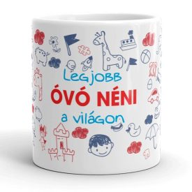 Saját névvel és felirattal kérhető kék és piros rajzfilmfigurákkal díszített fehér kerámia óvónő bögre Legjobb óvó néni a világon felirattal