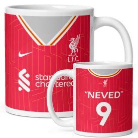 Egyedi névre szóló és mezszámos piros Liverpool FC focimez mintás fehér kerámia szurkolói bögre