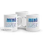 A menő lúzer feliratú fehér kerámia bögre kék színátmenetes vastag betűkkel és vékony kézírásos tipográfiával.