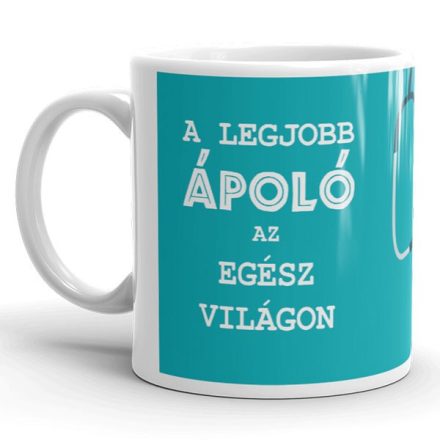 A legjobb ápoló az egész világon feliratú fehér kerámia bögre élénk türkizkék háttérrel és fehér sztetoszkóp rajzos grafikájával.