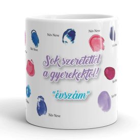 Sok szeretettel a gyerekektől feliratú fehér kerámia ballagási bögre színes akvarell ujjlenyomatok és nevek grafikájával