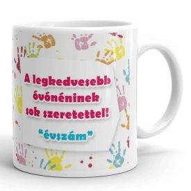 A legkedvesebb óvónéninek sok szeretettel feliratú színes kerámia ballagási bögre gyermeki kézlenyomatok grafikájával