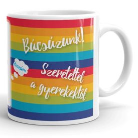Búcsúzunk Szeretettel a gyerekektől feliratú színes csíkos kerámia ballagási bögre évszámos felhő grafikával