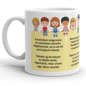 Megható ovis búcsúversekkel ellátott fehér kerámia ballagási bögre egymás kezét fogó gyerekek grafikájával