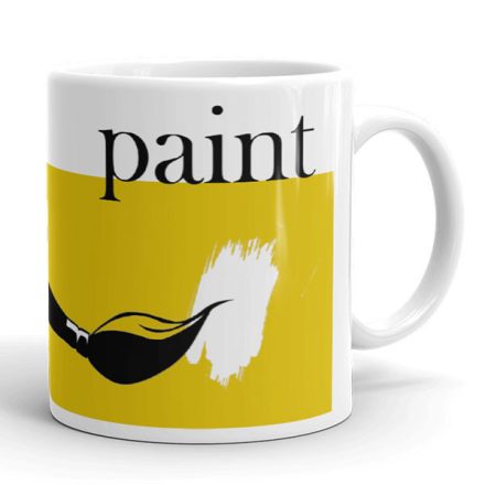 Sárga sávos paint feliratú fehér kerámia bögre fekete festőecset és fehér texturált festékfolt grafikájával.