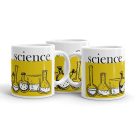Sárga sávos science feliratú fehér kerámia bögre kézzel rajzolt skicc stílusú laboratóriumi lombikok és kémcsövek grafikájával.