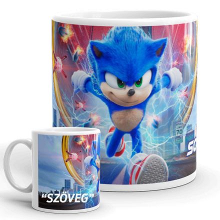 Sonic mintás bögre egyedi névvel feliratozva ajándék ötletként a kék sündisznó videojáték és mozi karakterével