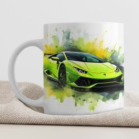 Lime zöld Lamborghini szuperautó sportkocsi akvarell hatással egyedi neves 360 fokos mintás bögre
