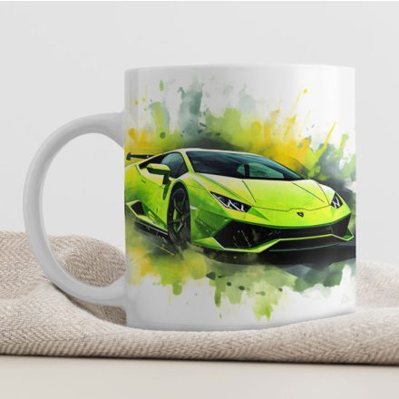 Lime zöld Lamborghini szuperautó sportkocsi akvarell hatással egyedi neves 360 fokos mintás bögre