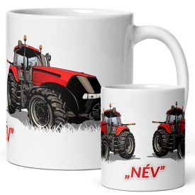 Modern egyedi piros traktor mintás fehér kerámia gyerek bögre saját névvel kérhető piros Név felirattal és fűszálakkal a háttérben