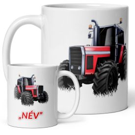 Egyedi piros traktor mintás fehér kerámia gyerek bögre saját névvel kérhető piros Név felirattal fűszálakkal a háttérben