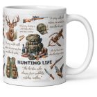 Hunting Life feliratú fehér kerámia bögre gímszarvas, vadászpuska és hátizsák részletgazdag grafikájával