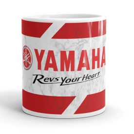 Yamaha logó revs your heart felirattal márvány mintás egyedi neves 360 fokos mintás bögre